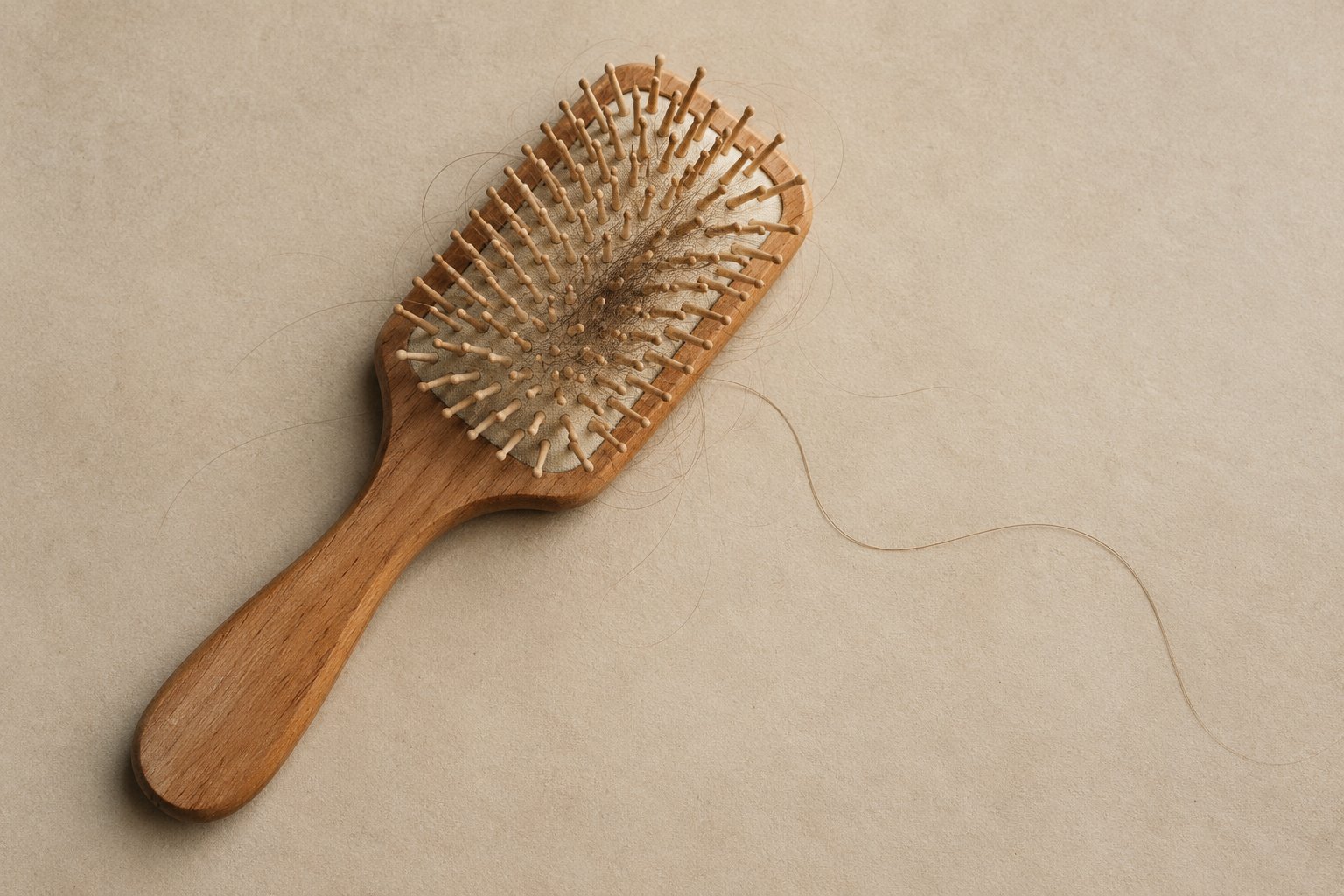 Holzbürste mit ausgefallenen Haaren auf sandfarbenem Papier – typisch für diffusen Haarausfall