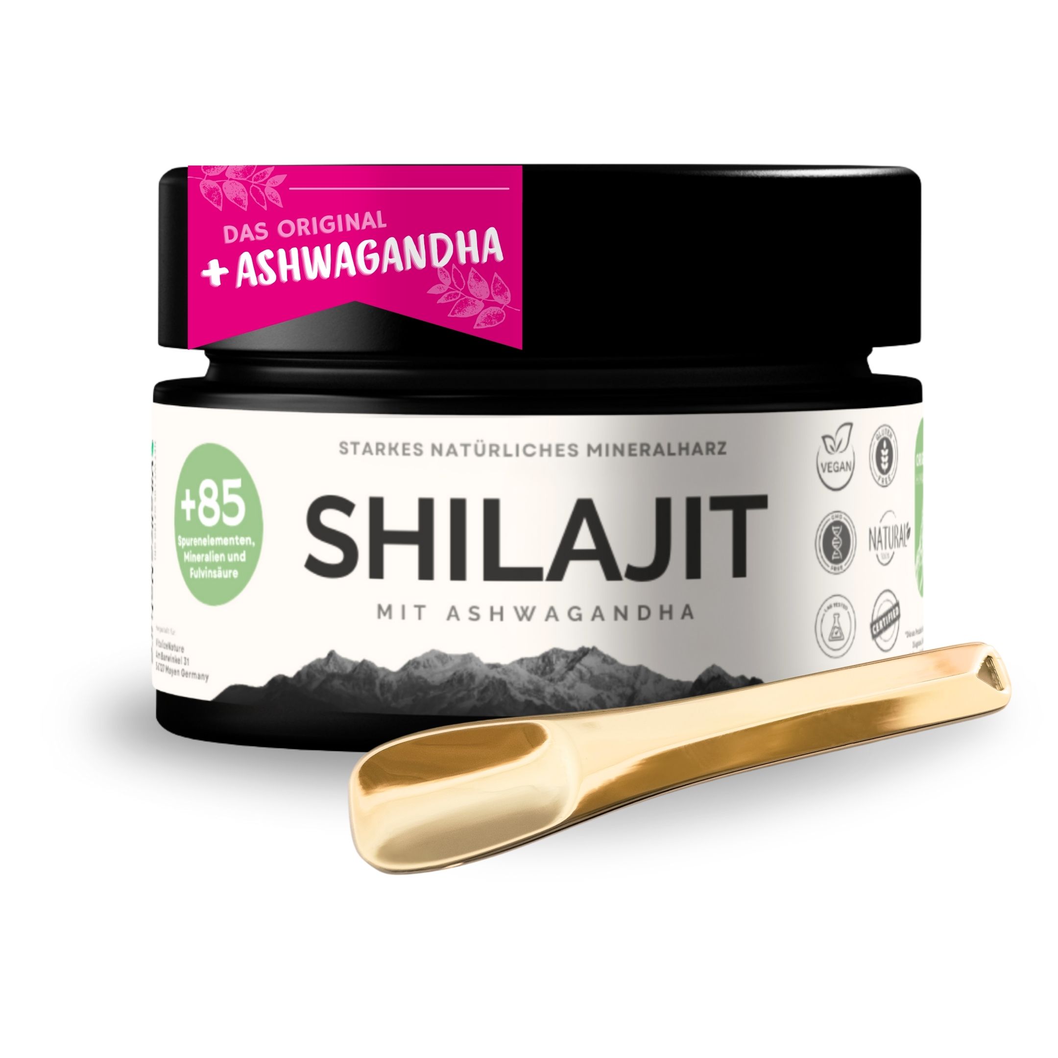 VitalizeNature - Shilajit - 30g Shilajit Original + Ashwagandha - natürliches Himalaya Shilajit - 500mg Shilajit Resin pro Tagesdosis & 100mg Ashwanganda - Shijalit & Ayurvedischer Kräutermischung #1