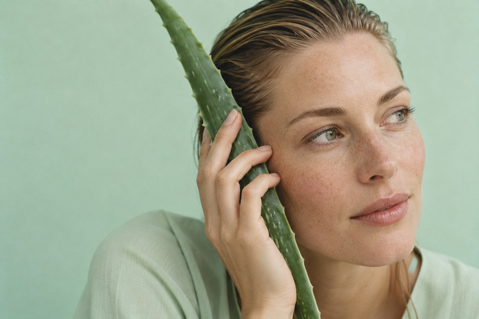 Frau mit glatt zurückgestrichenem Haar hält ein frisches Aloe-Vera-Blatt an die Schläfe