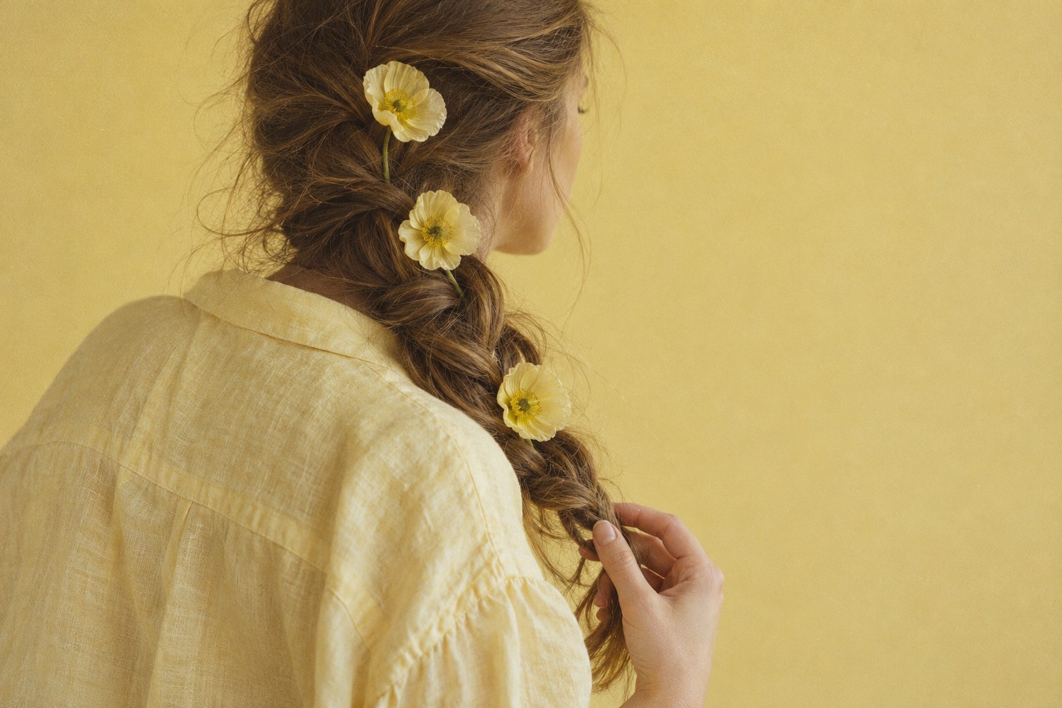 Frau von hinten mit langem geflochtenem Zopf und gelben Mohnblumen im Haar