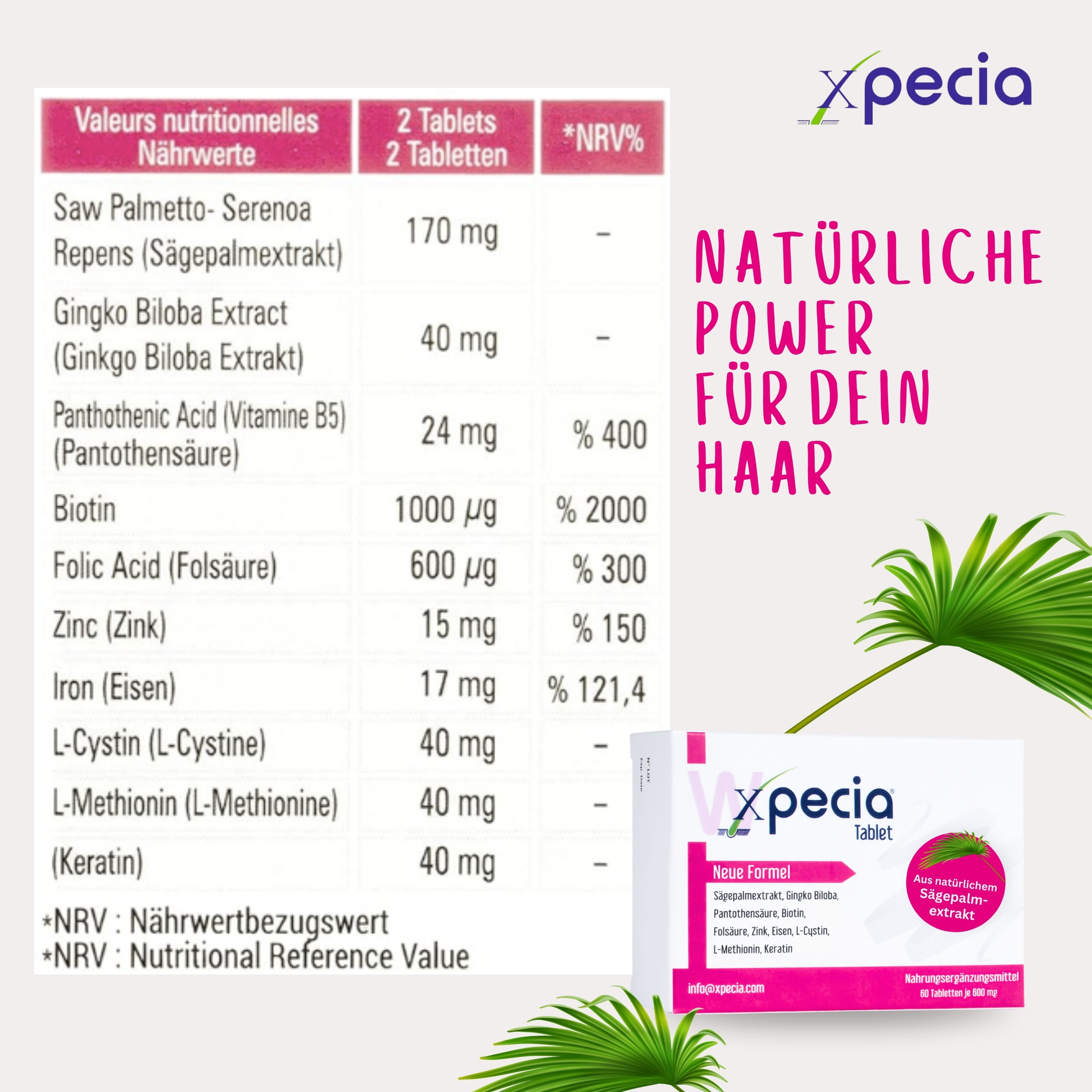Xpecia Tabletten für Frauen – Bei Haarausfall durch Hormone, Stress oder Nährstoffmangel - 6 Stück