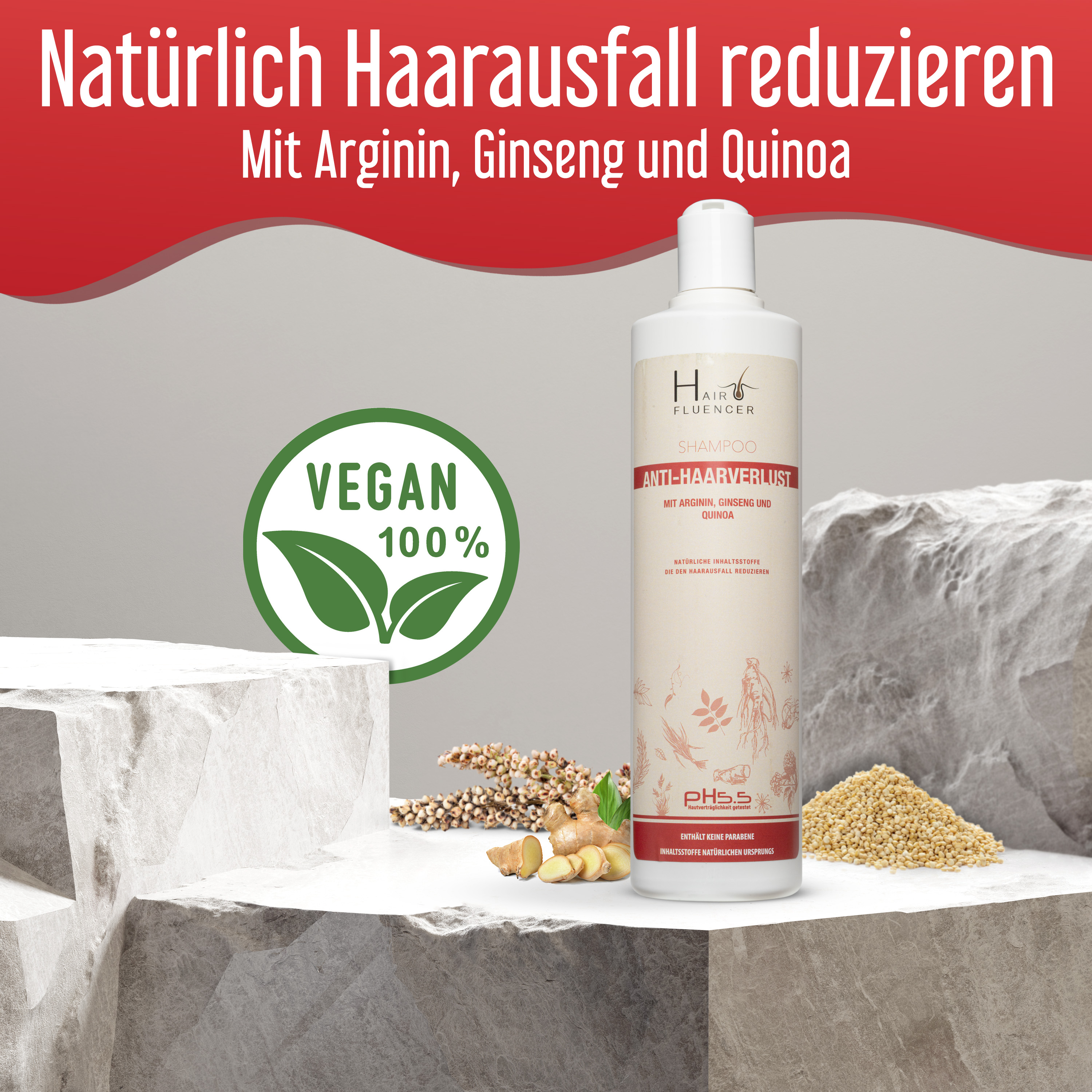 Hairfluencer Anti-Haarverlust Shampoo mit Arginin Ginseng & Quinoa pH5.5 Ohne Parabene - Natürliche Inhaltsstoffe - Vegan