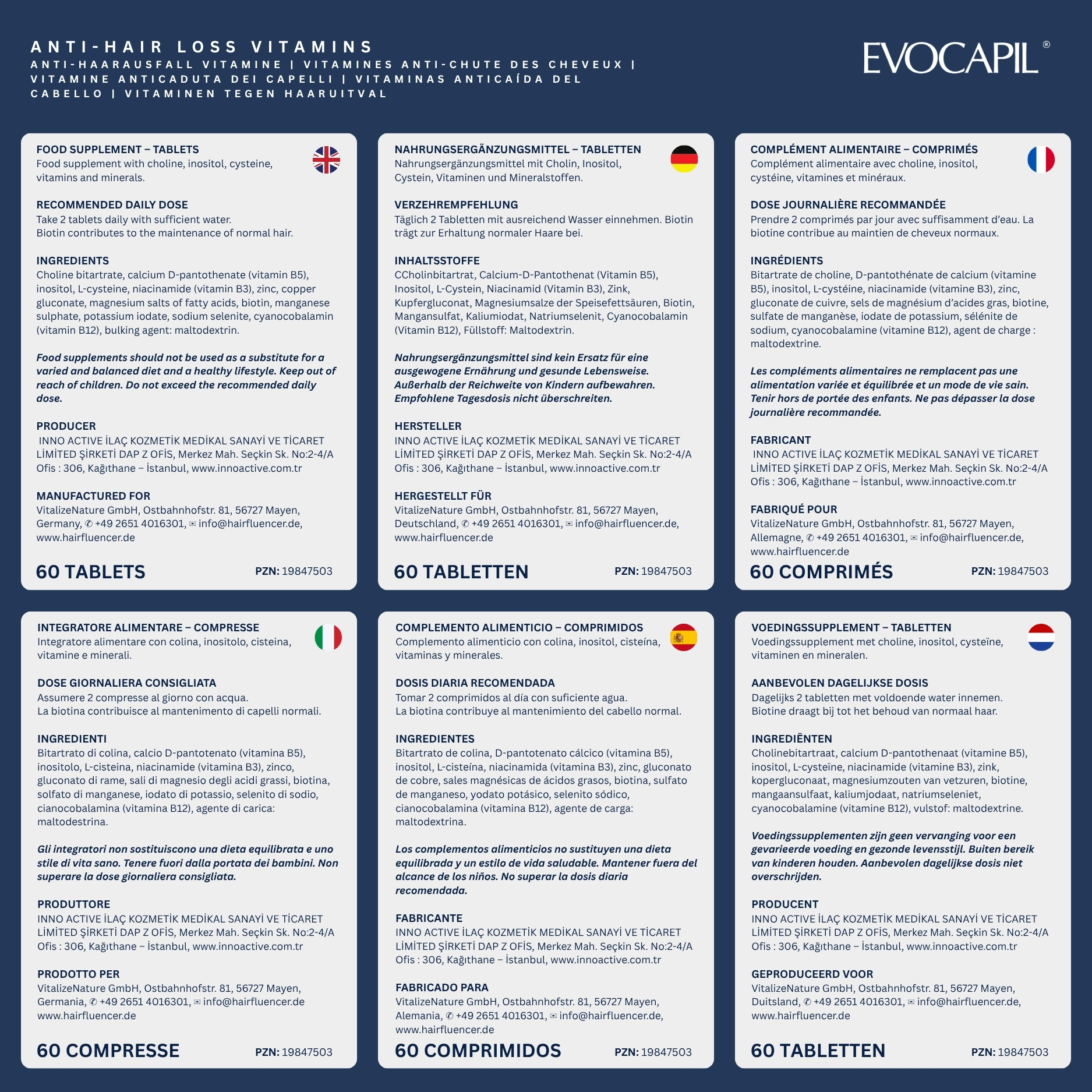 Evocapil Plus Vitamines Cheveux, 60 comprimés – avec biotine, zinc, sélénium et cuivre
