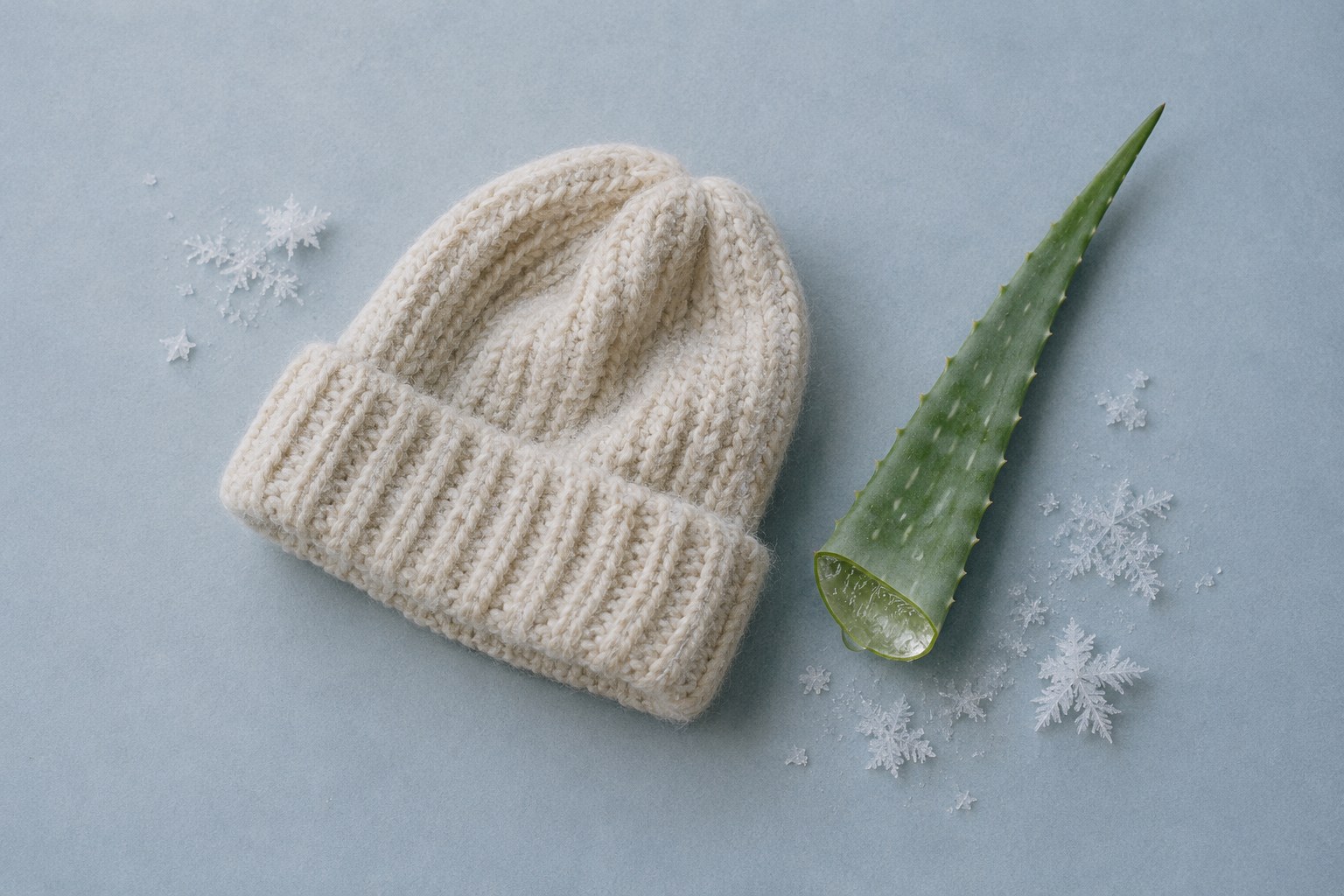 Strickmütze, aufgeschnittenes Aloe-Vera-Blatt und Eiskristalle auf eisblauem Papier – Pflege für trockene Kopfhaut im Winter