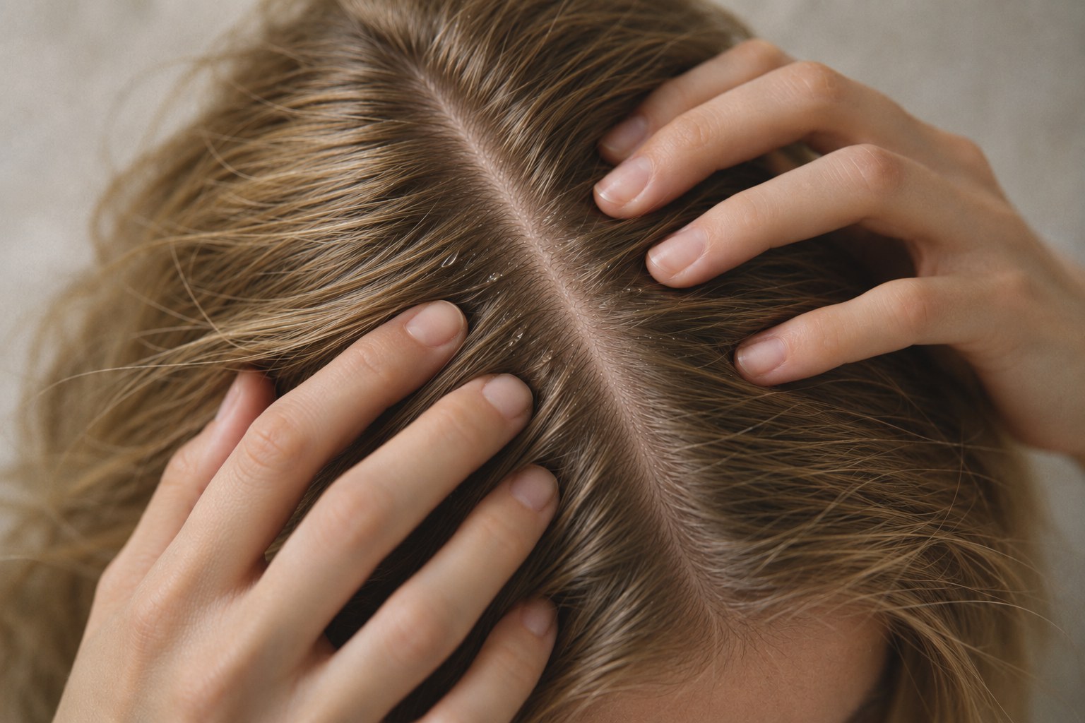 Fingerspitzen massieren Kopfhautspray sanft entlang des Scheitels ein