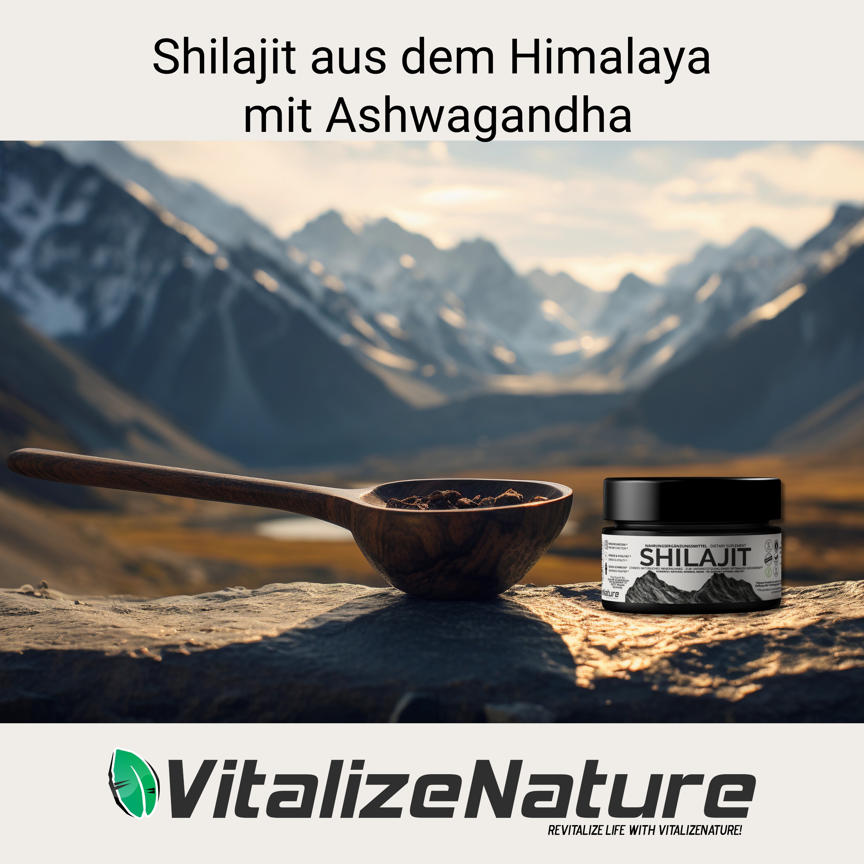 VitalizeNature - Shilajit - 30g Shilajit Original + Ashwagandha - natürliches Himalaya Shilajit - 500mg Shilajit Resin pro Tagesdosis & 100mg Ashwanganda - Shijalit & Ayurvedischer Kräutermischung