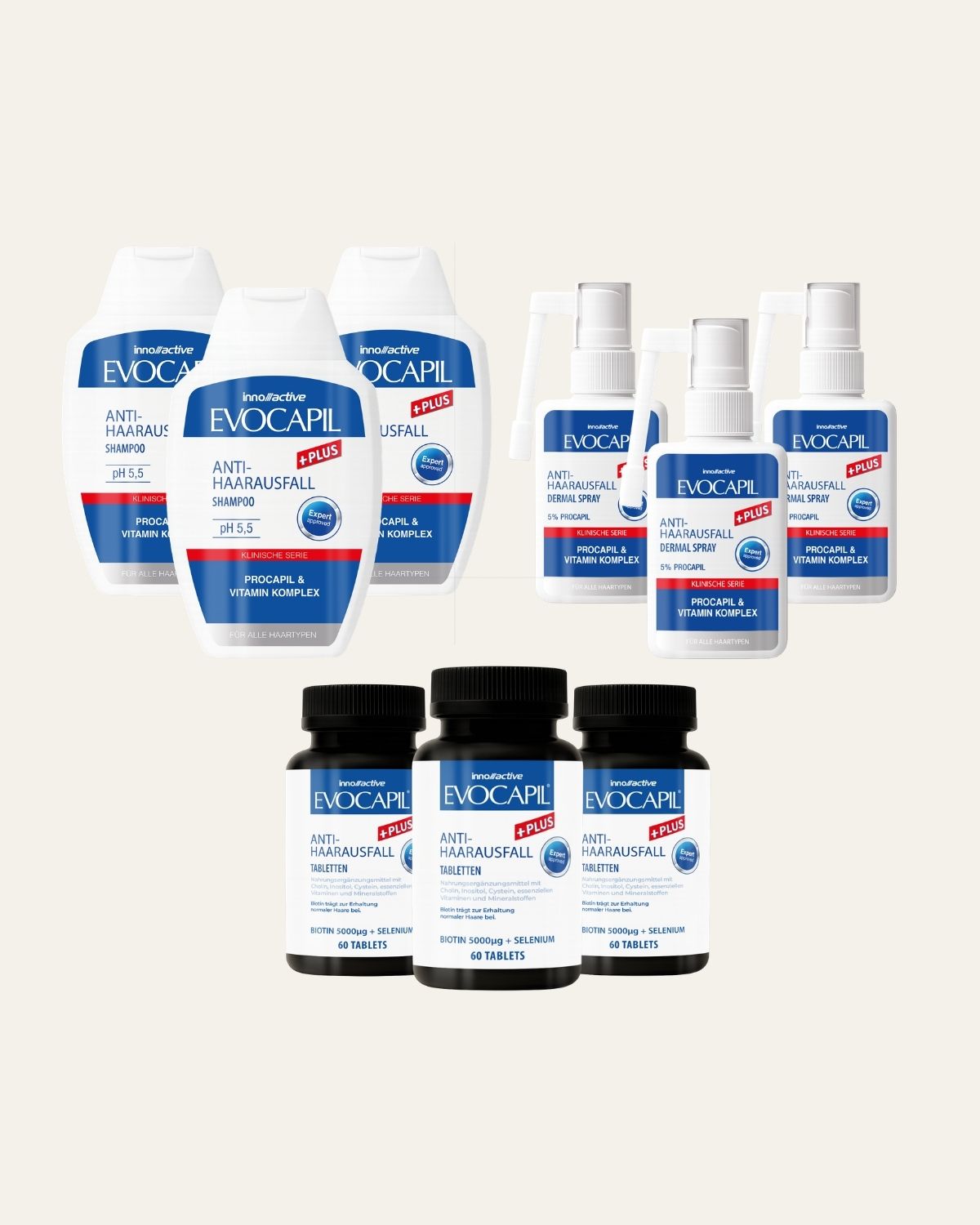 Evocapil Plus Set Cura Capelli – Trattamento 3 Mesi (3x Shampoo, Spray e Vitamine)