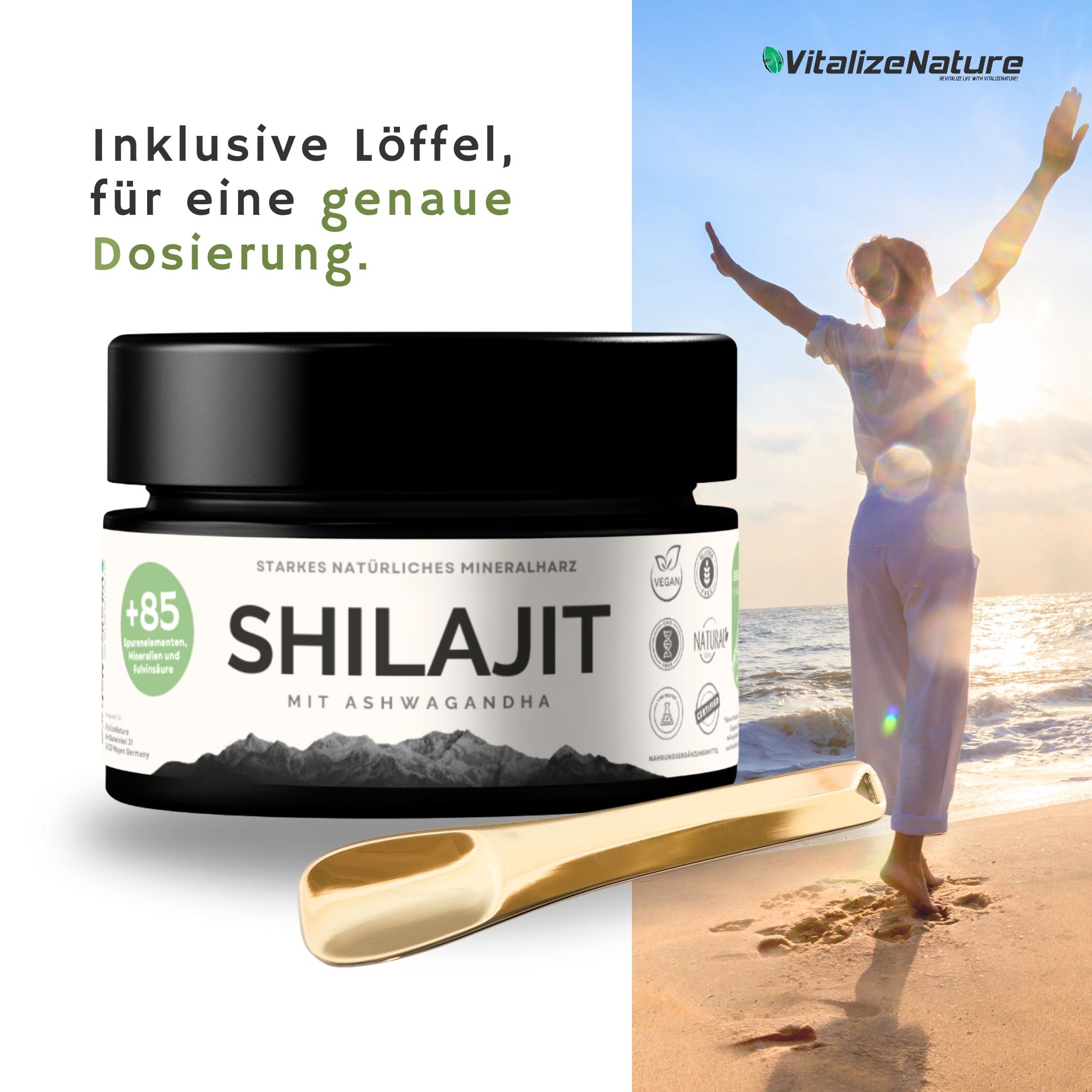 VitalizeNature - Shilajit - 30g Shilajit Original + Ashwagandha - natürliches Himalaya Shilajit - 500mg Shilajit Resin pro Tagesdosis & 100mg Ashwanganda - Shijalit & Ayurvedischer Kräutermischung #1