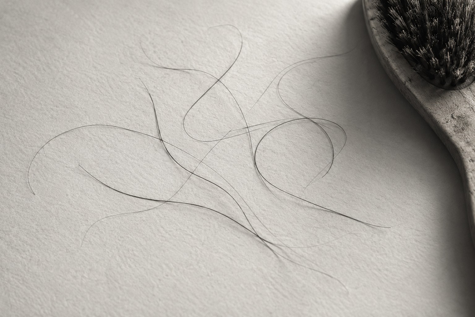 Einzelne ausgefallene Haare auf weißem Papier neben einer Holzbürste